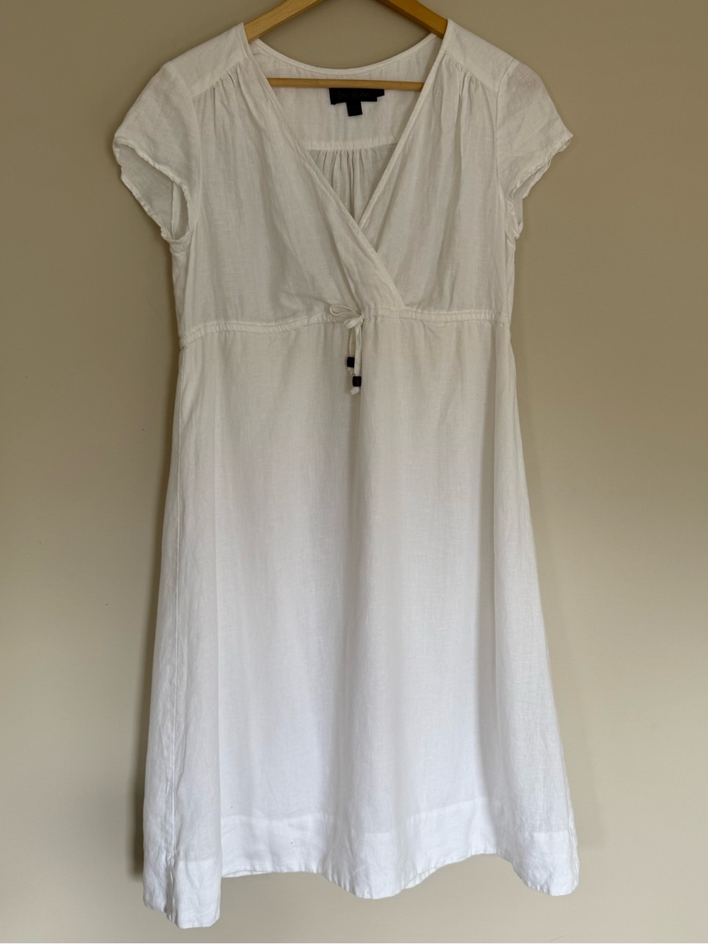 Boden Women's V-Neck Empire Waist Tie 100% Linen & Cotton White Dress Sz 10R